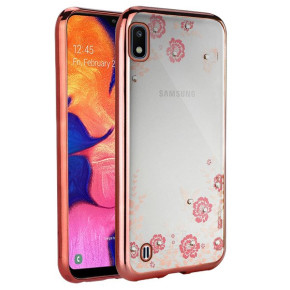 Луксозен силиконов гръб ТПУ ултратънък с 3D камъни и златисто розов кант за Samsung Galaxy A10 A105F розови цветя 